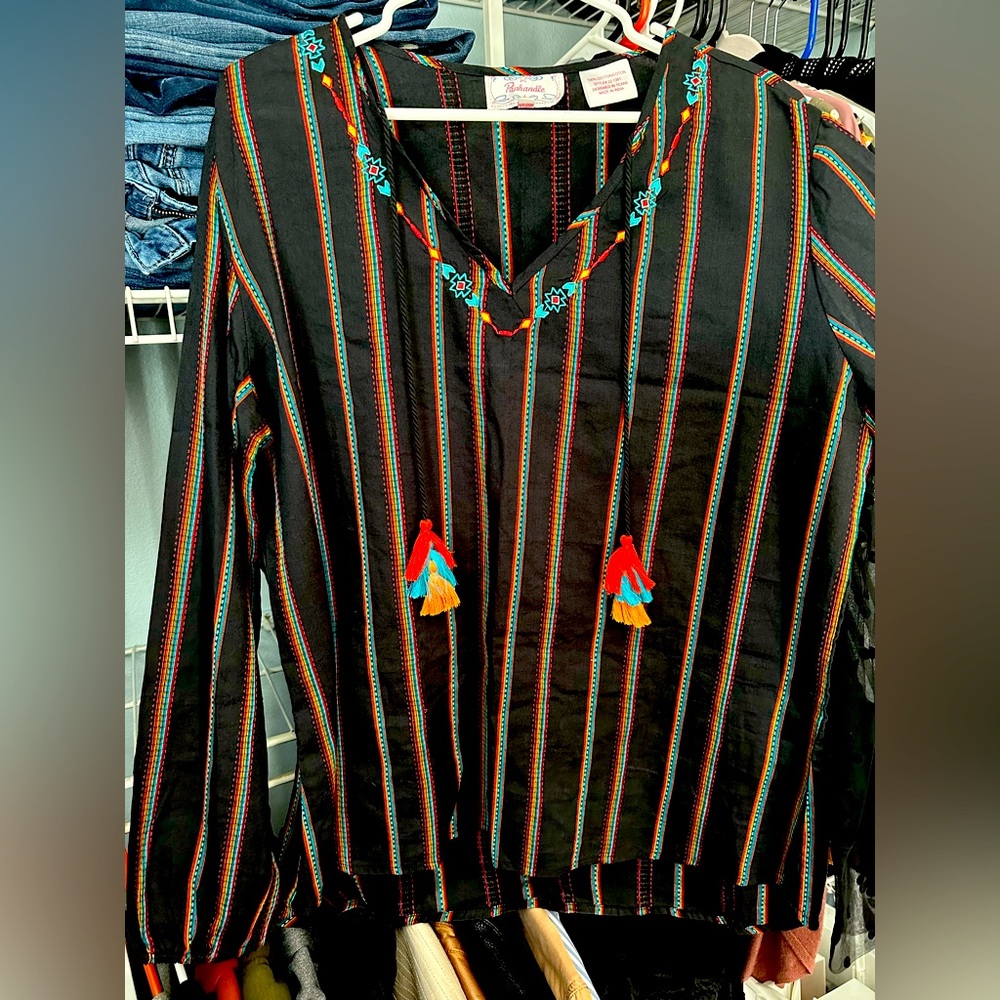 Western blouse
Black/Yellow/Teal/Red stripe 
Size Large
Like-new condition